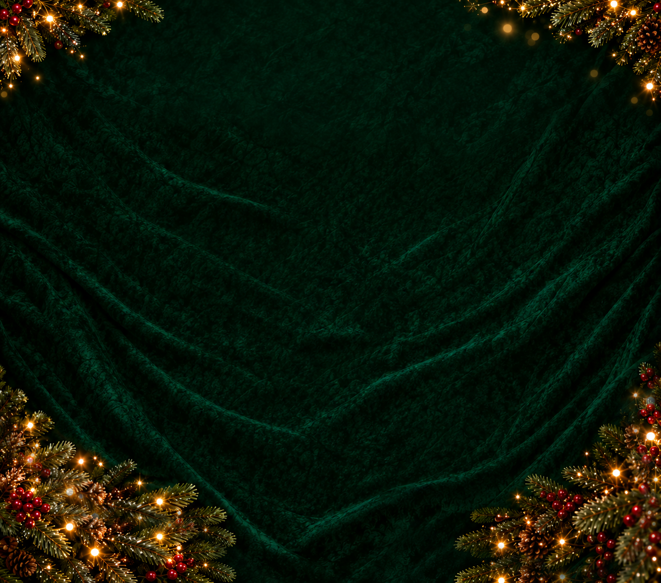 Evergreen velvet framed with festive branches, berries, pinecones, and warm holiday lights